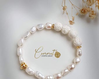 Diffuser Bracelet | Pearls & Lava | Essential Oils | Diffuser | Bracelet | Freshwater Pearls | Scented Bracelet | Hematite | Gold | White | Elegant