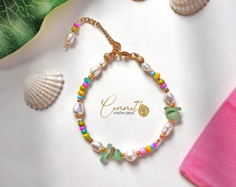 Green & Pearls | Armband | Barockperlen | Süßwasserperle | Aventurin grün | Seed Beads | Rocailles | Edelstahl gold | Bunt | Gelb