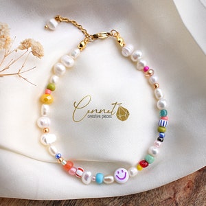 Perles soyeuses | Bracelet | perles baroques | Véritables perles d'eau douce | Smiley | Perles de rocaille | Rocailles | or en acier inoxydable | Coloré | Jaune | Preciosa