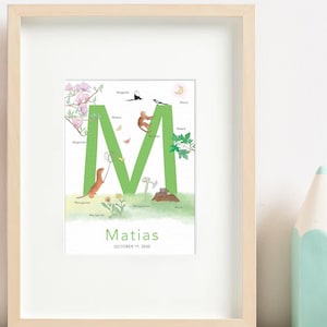 Cartel de la carta personalizada, inicial del bebé, regalo de nacimiento, regalo de cumpleaños, decoración del dormitorio, decoración del bebé, inglés o francés, M