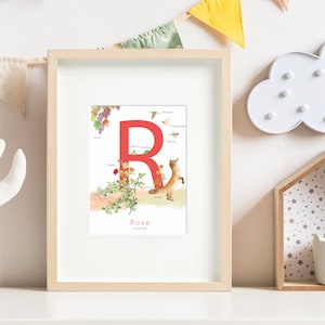 Póster de carta personalizada, inicial del bebé, regalo de nacimiento, cumpleaños del niño, decoración de la habitación, francés o inglés, R