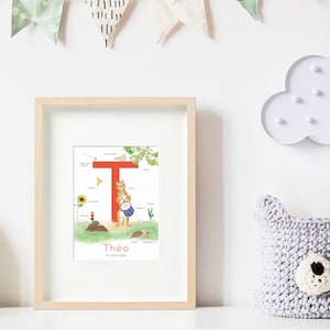 Cartel de carta personalizada, inicial del bebé, regalo de nacimiento personalizado, cartel de animales, decoración de la habitación, francés o inglés, T