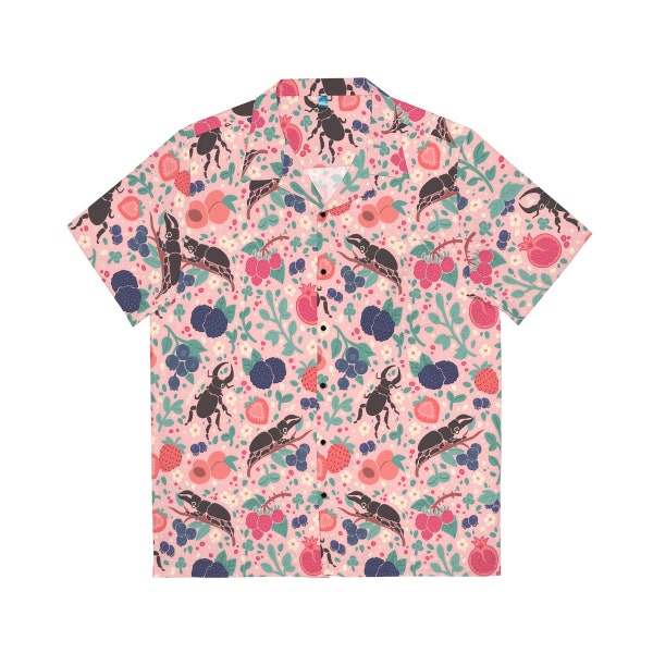 Pink Beetles and Fruits Button Up Hawaiian Style Shirt