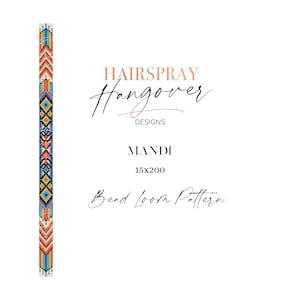 Puede incluir: Un patrón de telar de cuentas para un brazalete de cuentas colorido con un diseño geométrico. El patrón tiene 15 cuentas de ancho y 200 cuentas de largo. El patrón se titula "Mandi" y es de Hairspray Hangover Designs.