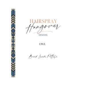 Puede incluir: Un patrón de telar de cuentas para un diseño de búho. El patrón es en negro, blanco y azul. El patrón es de Hairspray Hangover Designs.