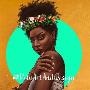 Retrato de mujer elfa dorada - Retrato inspirado en la fantasía Mágico Elfo Colorida Corona floral pintura digital Arte Imprimir varios tamaños