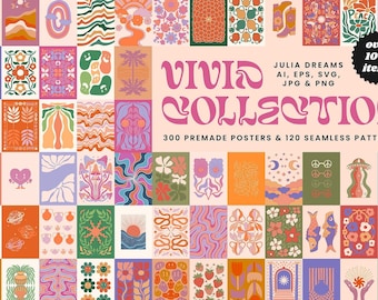 Puede incluir: Una colección de 300 pósters prefabricados y 120 patrones sin costuras en un estilo retro vibrante. Los pósters presentan una variedad de diseños, incluyendo flores, hongos, arcoíris y formas geométricas. Los patrones son perfectos para agregar un toque de estilo vintage a cualquier proyecto.