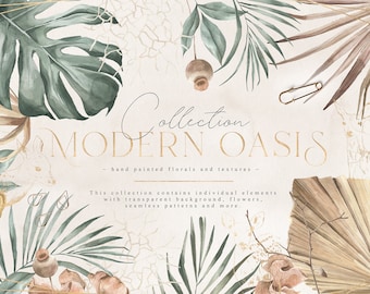 Oasis moderno - imágenes prediseñadas digitales de acuarela - archivos PNG individuales - boda - conjunto gráfico pintado a mano - colección grande - tropical y boho