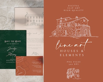 Line Art Houses Elements - Wedding Invite - Floral Invitation - Digital Rustic Clipart - Logo Illustrations - Fine Art Line Art - Castle