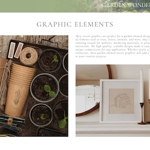 May include: A collection of garden-themed vector graphics, including illustrations of trees, leaves, animals, and a greenhouse. The graphics are perfect for creating stunning visuals for websites, marketing materials, or print designs.