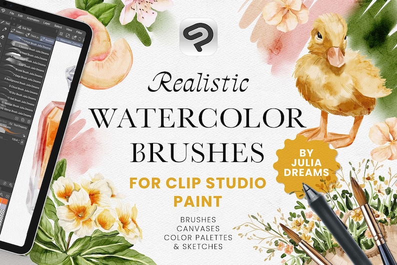 May include: A digital illustration of watercolor brushes for Clip Studio Paint. The image features a variety of watercolor elements, including flowers, a duck, and a peach. The text "Realistic Watercolor Brushes for Clip Studio Paint" is displayed in the center of the image.