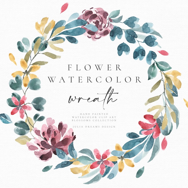 Watercolor Floral Wreath - Digital Clipart - Individual PNG Files - Wedding Design - Botanical Flowers Frame - Logo Rose Peony Leaf Greenery