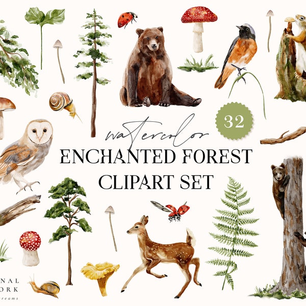 Watercolor Enchanted Forest Digital Clipart Set - Woodland - Wedding Invitation - Floral Elements - Watercolor  Logo Deer Bear Mushroom Owl