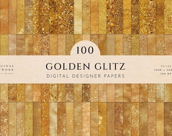 Golden Glitz Gold Glitter Digital Papers - Textures Metallic Foil Seamless Pattern - Gold Background - Holiday Scrapbook Papers New Year