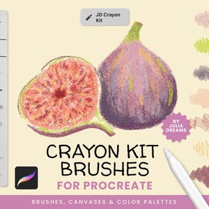 Può includere: Illustrazione digitale di un frutto di fico, intero e affettato, con un kit di pennelli a pastello per Procreate. L'immagine include uno stilo ed esempi di tratti di pennello. Il testo recita "Crayon Kit Brushes for Procreate."