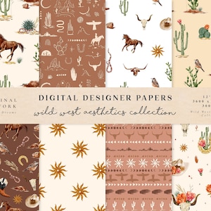 Wild West aquarel digitaal papier - Western Scrapbook Papers - naadloze patronen - digitale achtergrond paard Cowboy - bruiloft uitnodiging