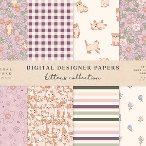 Schattige kittens digitale papieren - commercieel gebruik - plakboek papier - naadloos patroon - kwekerij designer papier bloemen baby dieren kat pasen