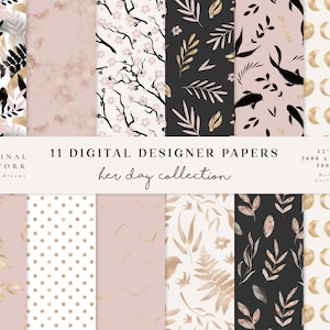 Haar Dag Digitaal Document - Scrapbook Document - Naadloze Patronen - Digitale Achtergrond - Afdrukbare Document Reeks - De Maan van de Vissen van de vogels - Zwart Roze Roze