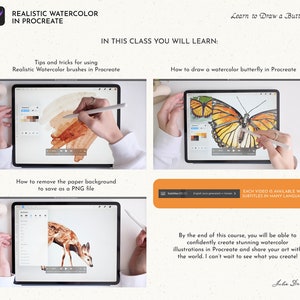 May include: A collage of images showing how to draw a watercolor butterfly in Procreate. The images show a hand using a stylus on an iPad to draw a butterfly, a deer, and a background.