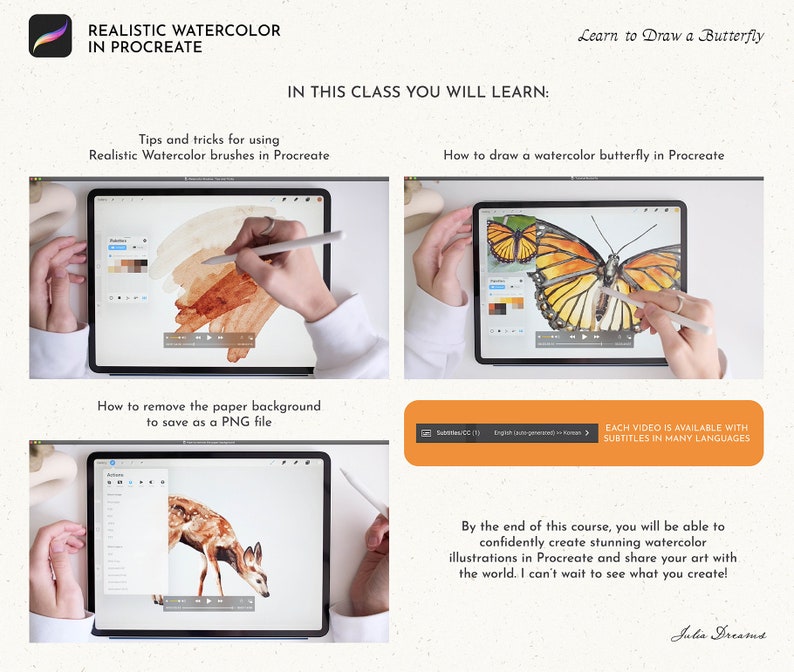May include: A collage of images showing how to draw a watercolor butterfly in Procreate. The images show a hand using a stylus on an iPad to draw a butterfly, a deer, and a background.