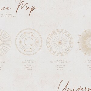 May include: A beige digital art print titled "Science Map" featuring four celestial diagrams in gold. The diagrams include a stellar map, galaxy map, moon phase map, and universe map. The text includes "Original White Gold."