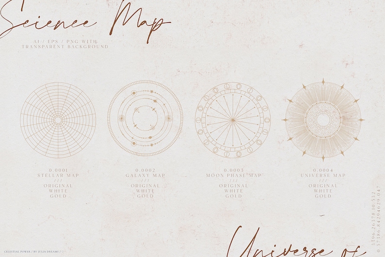 May include: A beige digital art print titled "Science Map" featuring four celestial diagrams in gold. The diagrams include a stellar map, galaxy map, moon phase map, and universe map. The text includes "Original White Gold."