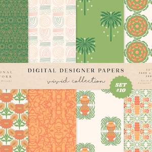 Puede incluir: Conjunto de 10 diseños de papel digital en una paleta de colores vibrantes. Los diseños presentan varios patrones que incluyen formas geométricas, palmeras y motivos florales. Los papeles miden 30,48 cm x 30,48 cm y 300 DPI.
