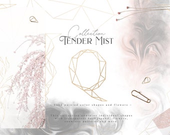 Tender Mist Collection - Watercolor Digital Clipart - Individual PNG Files - Wedding - Hand Painted Graphic Set - Gold Letters - Fine Art