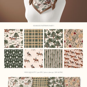 May include: A set of 10 watercolor seamless patterns featuring horses, trees, flowers, and plaid designs. The patterns are perfect for creating fabric, wallpaper, or digital designs.
