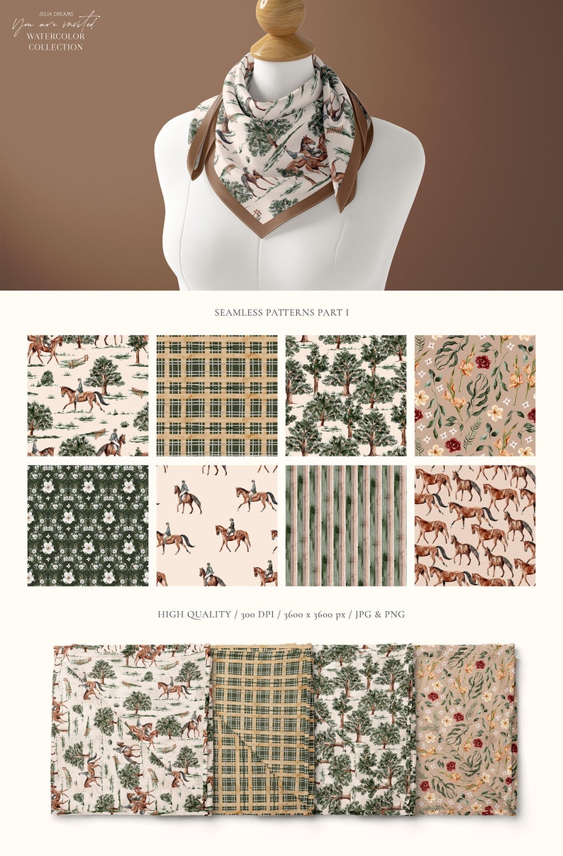 May include: A set of 10 watercolor seamless patterns featuring horses, trees, flowers, and plaid designs. The patterns are perfect for creating fabric, wallpaper, or digital designs.
