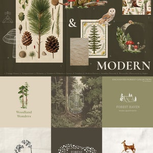 Enchanted Watercolor Forest Digital Clipart Set Wedding Invitation Floral Elements Watercolor Trees Logo Deer Bear Digital Papers image 4