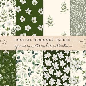 Papel digital de acuarela verde - Papeles de álbum de recortes - Patrones sin costuras - Fondo digital - Juego de papel imprimible - Acuarela floral