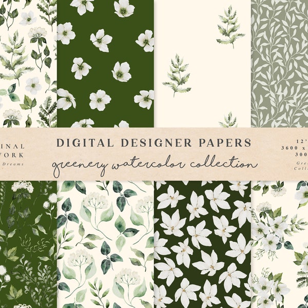 Greenery Watercolor Digital Paper - Scrapbook Papers - Seamless Patterns - Digital Background - Printable Paper Set - Watercolor Floral