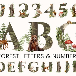 Watercolor Enchanted Forest Alphabet Letters Numbers - Woodland Animals - Digital Clipart PNG - Baby Nursery - Invitations - Commercial Use