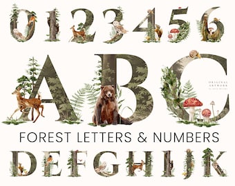 Aquarelle Enchanted Forest Alphabet Letters Numbers - Woodland Animals - Digital Clipart PNG - Baby Nursery - Invitations - Commercial Use