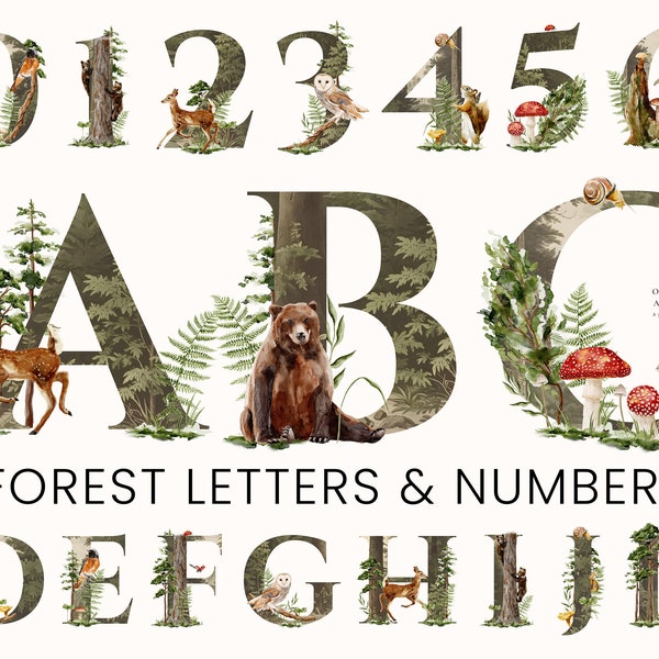 Aquarelle Enchanted Forest Alphabet Letters Numbers - Woodland Animals - Digital Clipart PNG - Baby Nursery - Invitations - Commercial Use