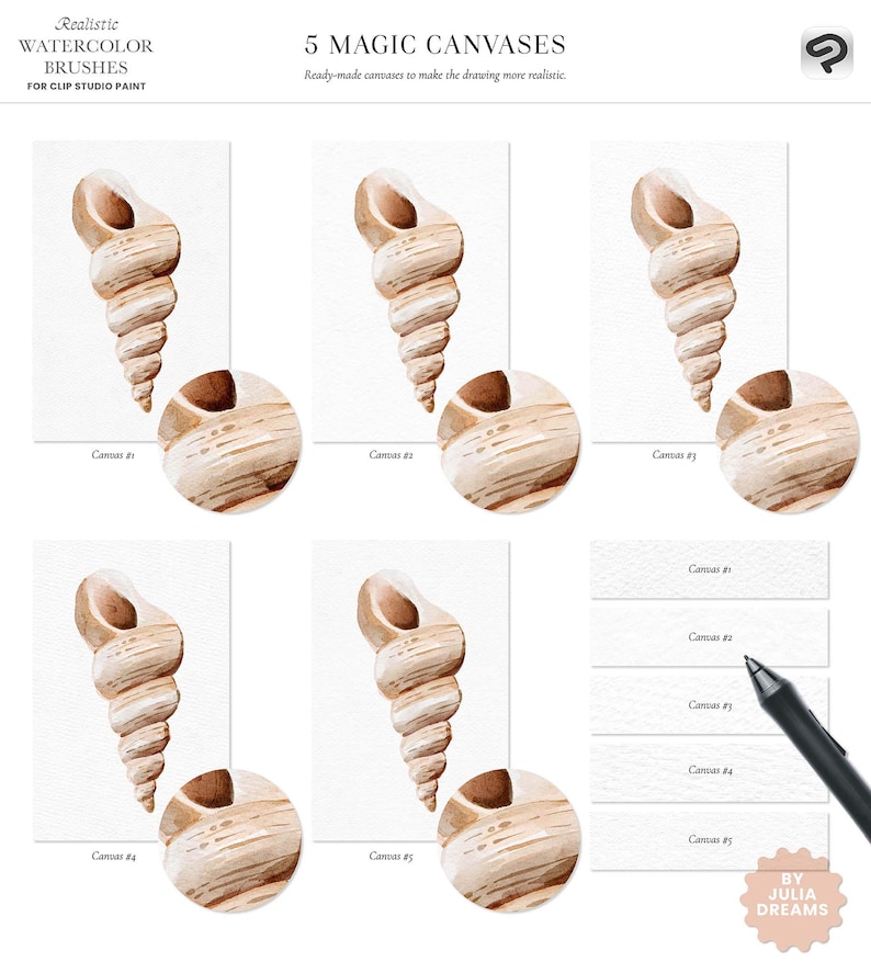 May include: Five watercolor shell canvases for digital art. The canvases are ready-made for use in Clip Studio Paint.