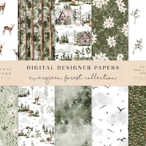 Carta digitale della foresta ad acquerello sempreverde - Scrapbook Papers - Modelli senza cuciture - Sfondo digitale - Deer Mountain - Invito a nozze