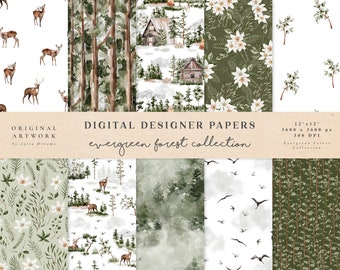 Evergreen Aquacolor Forest Digitaal Papier - Scrapbook Papers - Naadloze Patronen - Digitale Achtergrond - Deer Mountain - Huwelijksuitnodiging