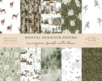 Evergreen Watercolor Forest Digital Paper - Scrapbook Papers - Seamless Patterns - Digital Background - Deer Mountain - Wedding Invitation