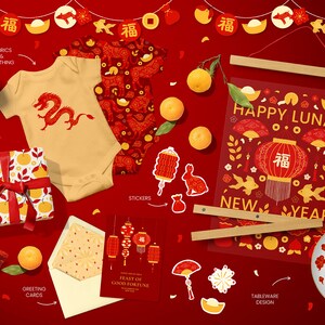 Lunar New Year Chinese Clipart Svg Bundle Download Digital Papers Instant Download Invite Cards Wall Art Animals Signs Red Gold image 2