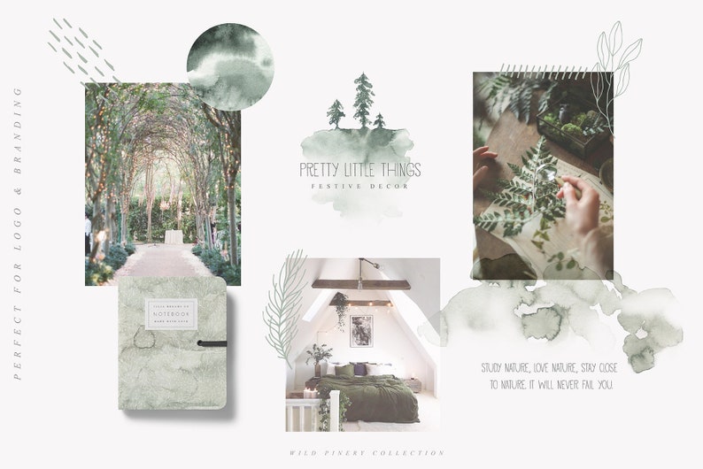 May include: A collage of images featuring a green watercolor background with a handwritten quote "Study nature, love nature, stay close to nature, it will never fail you". The collage also includes images of a green leafy archway, a notebook with a green watercolor cover, a bedroom with a green bedspread, and a hand holding a green leaf.
