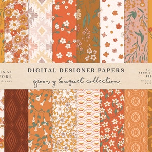 Groovy Bouquet Digital Papers - Commercial Use - Scrapbook Paper - Seamless Pattern - Hippie Designer Paper - Background - 70s Boho Flower