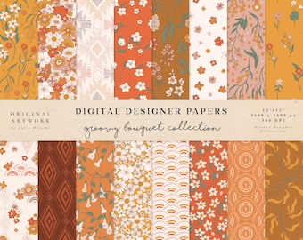 Groovy Bouquet Digital Papers - Commercial Use - Scrapbook Paper - Seamless Pattern - Hippie Designer Paper - Background - 70s Boho Flower