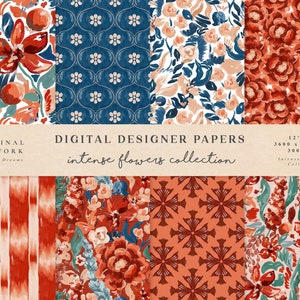 Intense Flowers Digital Papers - Scrapbook Papers - Seamless Patterns - Digital Background - Watercolor Paper Set - Red Blue Flower Floral