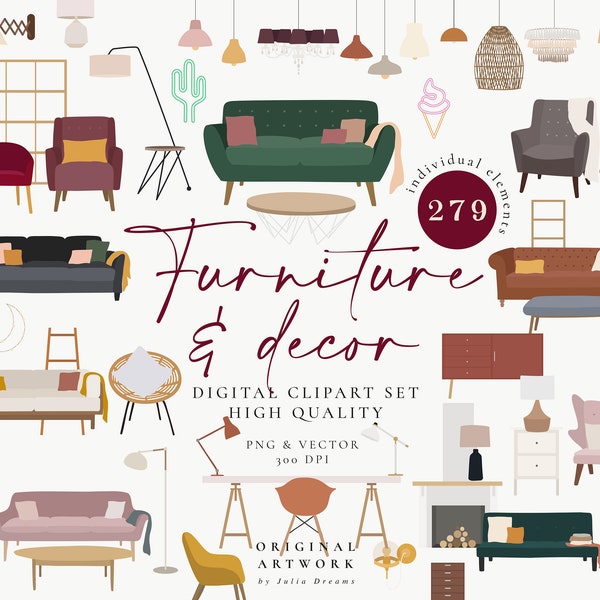 Furniture and Decor Clipart - House Home Digital - PNG Vector Download - Planner Stickers - Sofa Armchair Carpet Chair - Boho Interior Room