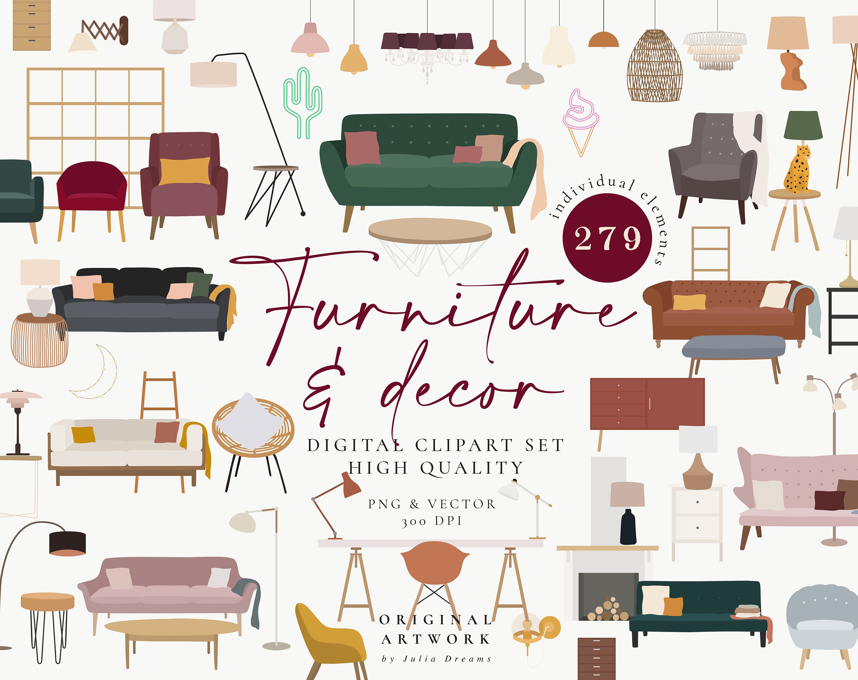 Furniture and Decor Clipart House Home Digital PNG Vector Etsy