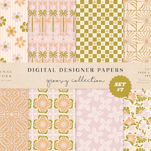 Retro Summer Digital Papers - do użytku komercyjnego - papier do scrapbookingu - wzór bezszwowy - papier designerski - Retro Happy Face 70s Flower Checkered