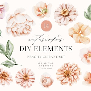 Conjunto de clipart aquarela pêssego - flores da primavera - floral DIY - design moderno de cartão de convite de casamento - clipart digital PNG Leaf Art Peony