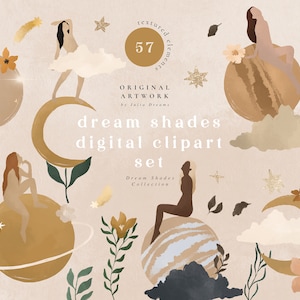 May include: A digital clipart set featuring 57 original artwork elements. The set includes illustrations of women, moons, planets, stars, and floral elements in a dreamy, abstract style. The colors are primarily beige, brown, and white.